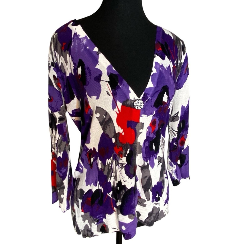 PETER NYGARD Purple Floral Knit Spring Button Cardigan Lightweight Size Small